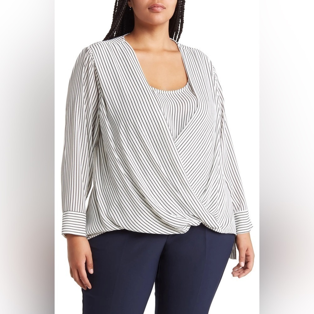 T Tahari Stripe Surplice Long Sleeve Blouse NWT Size‎ 1X & 2X Ivory/Black